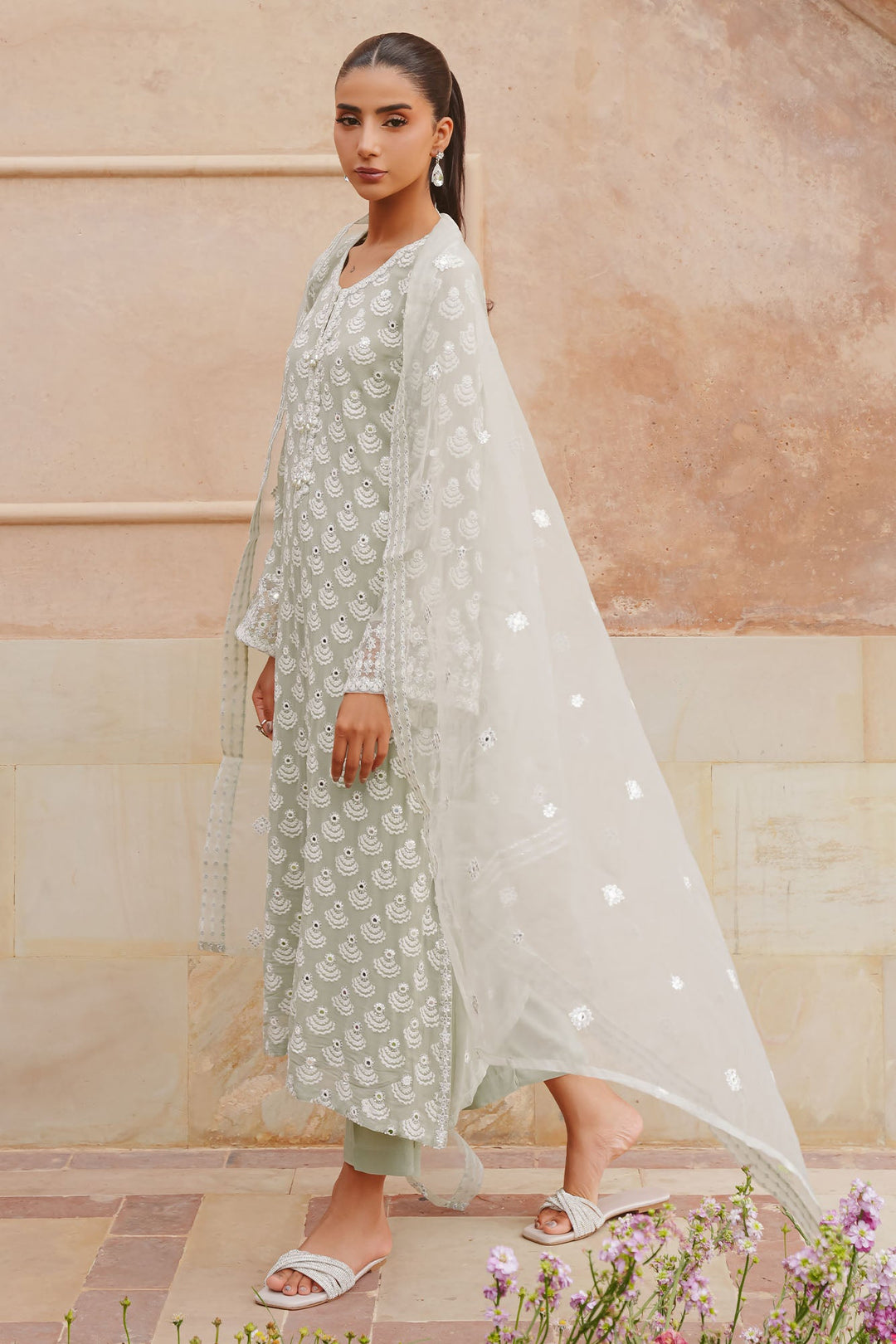 Cross Stitch - Aqua Sparkle Chiffon Suit For Women - Green - 3 Piece