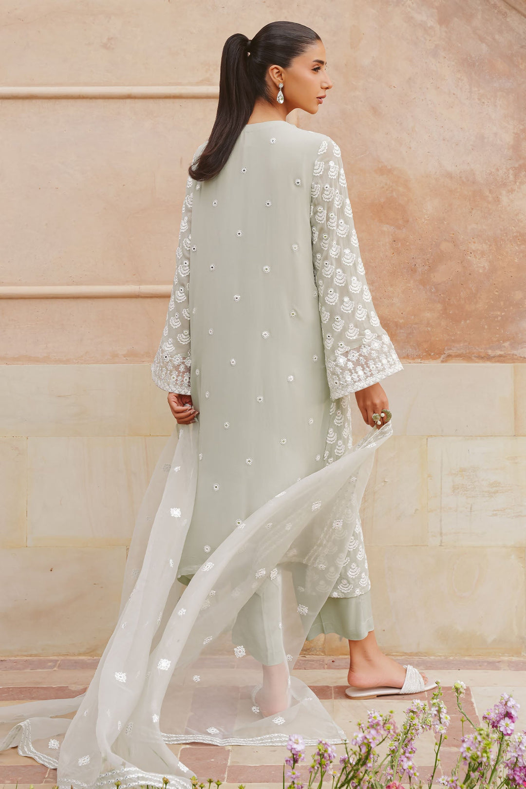 Cross Stitch - Aqua Sparkle Chiffon Suit For Women - Green - 3 Piece