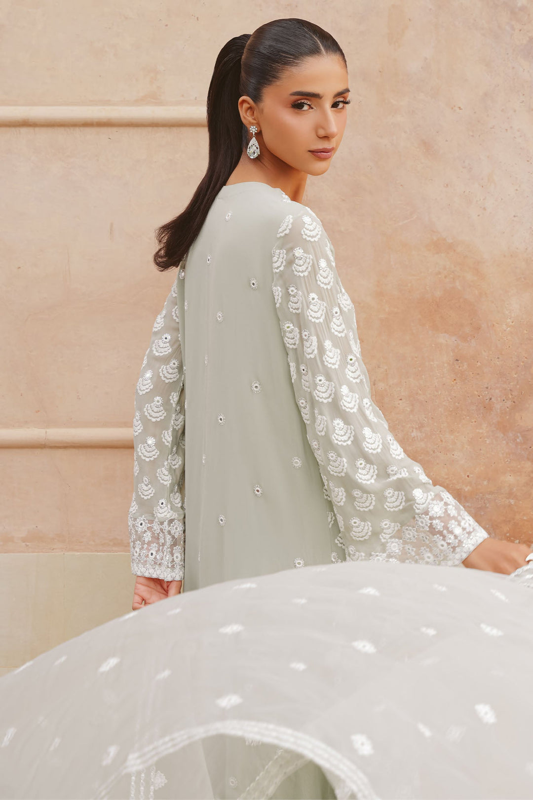 Cross Stitch - Aqua Sparkle Chiffon Suit For Women - Green - 3 Piece
