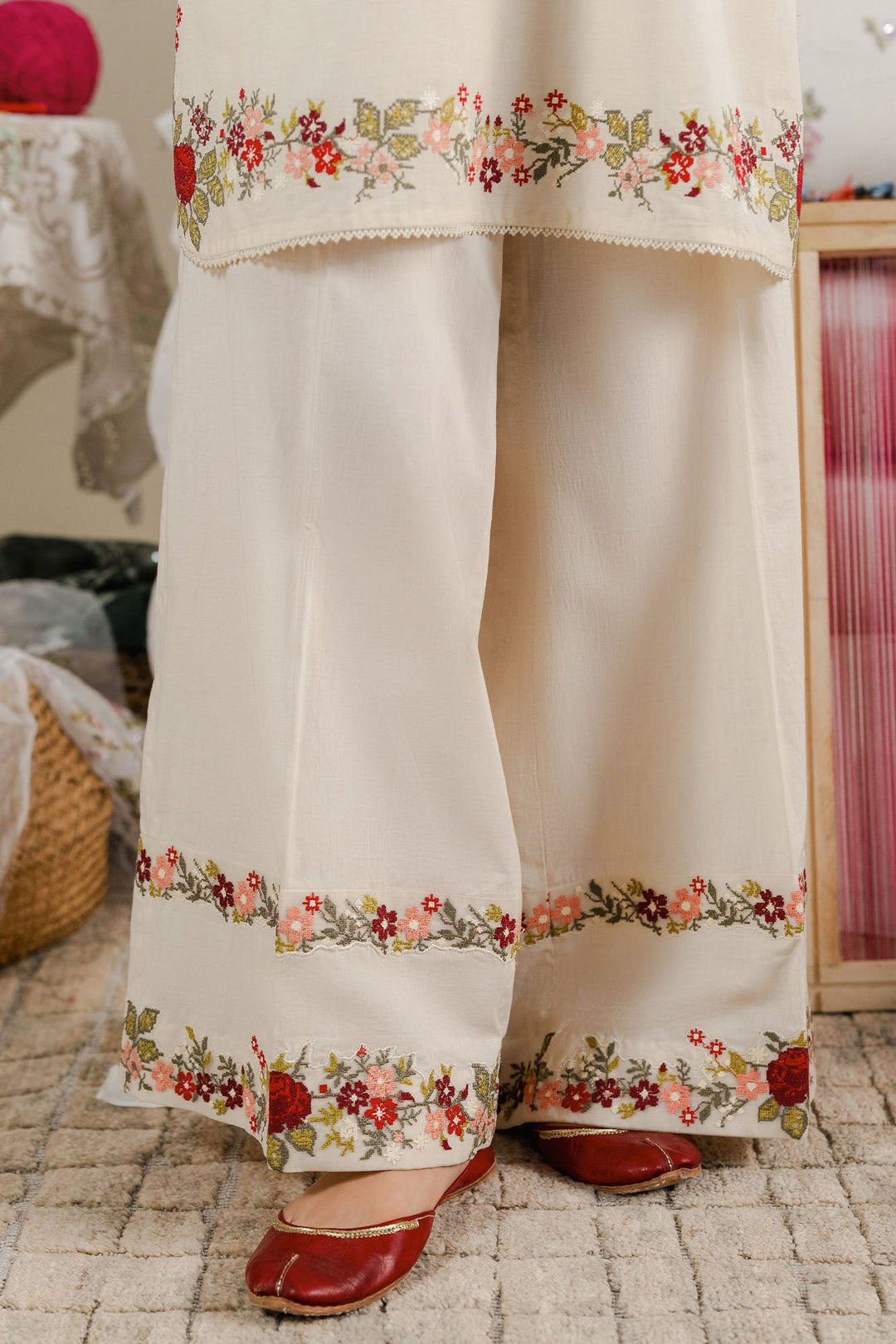 Cross Stitch - Beige Blossom Cambric Suit For Women - Beige - 2 Piece