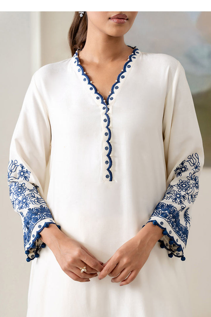 Cross Stitch - Blue Wave Linen Suit For Women - White - 2 Piece