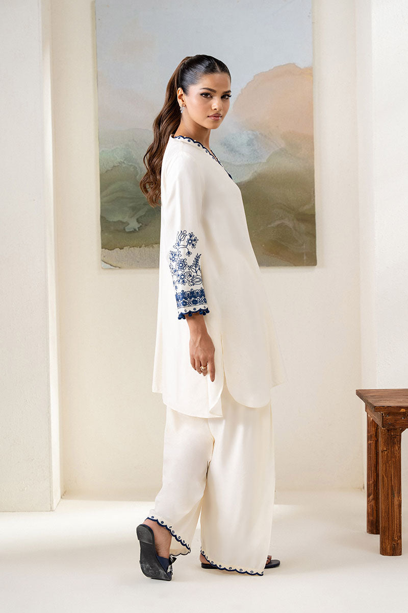 Cross Stitch - Blue Wave Linen Suit For Women - White - 2 Piece