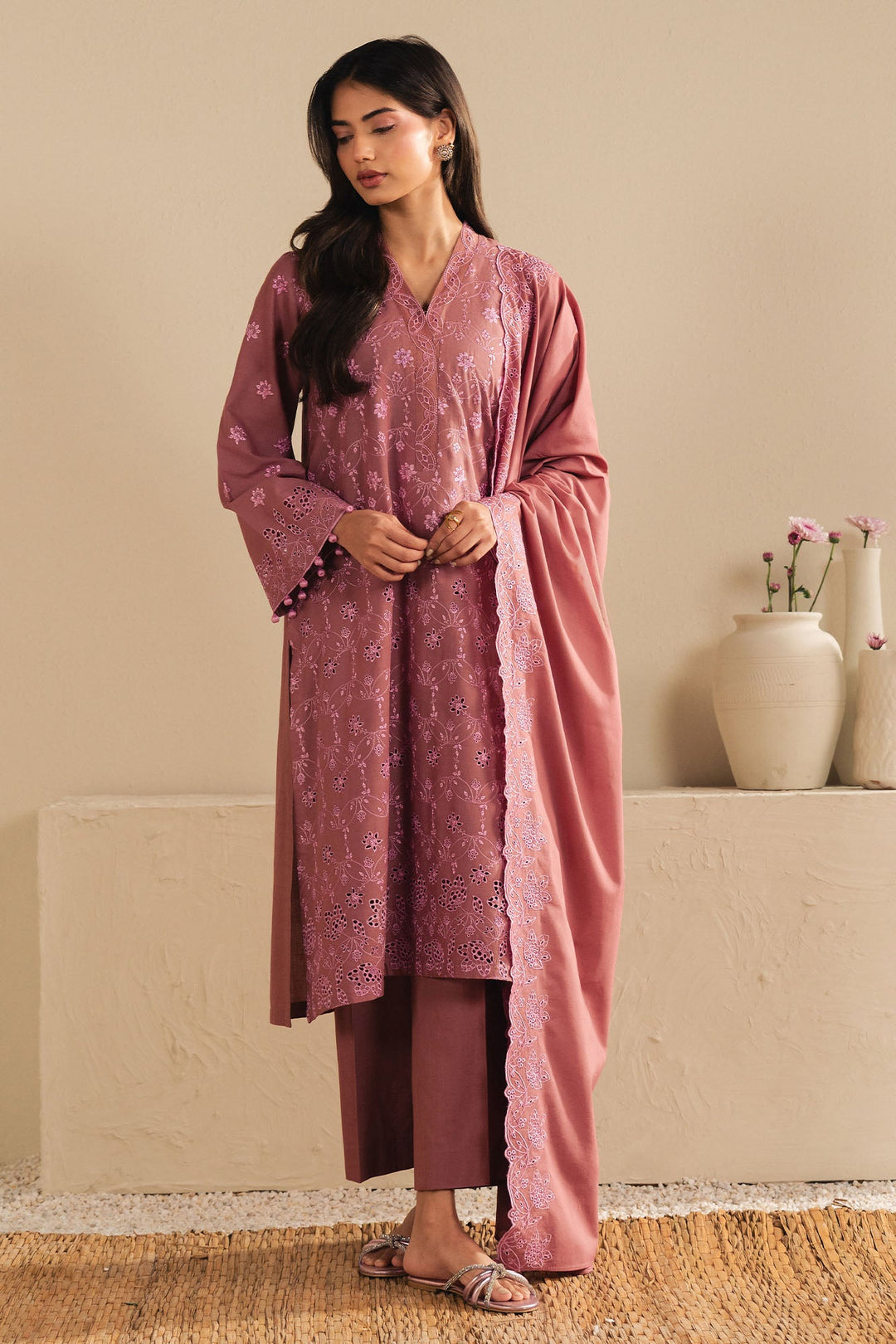 Cross Stitch - Blush Embrace Cambric Suit For Women - Pink - 3 Piece