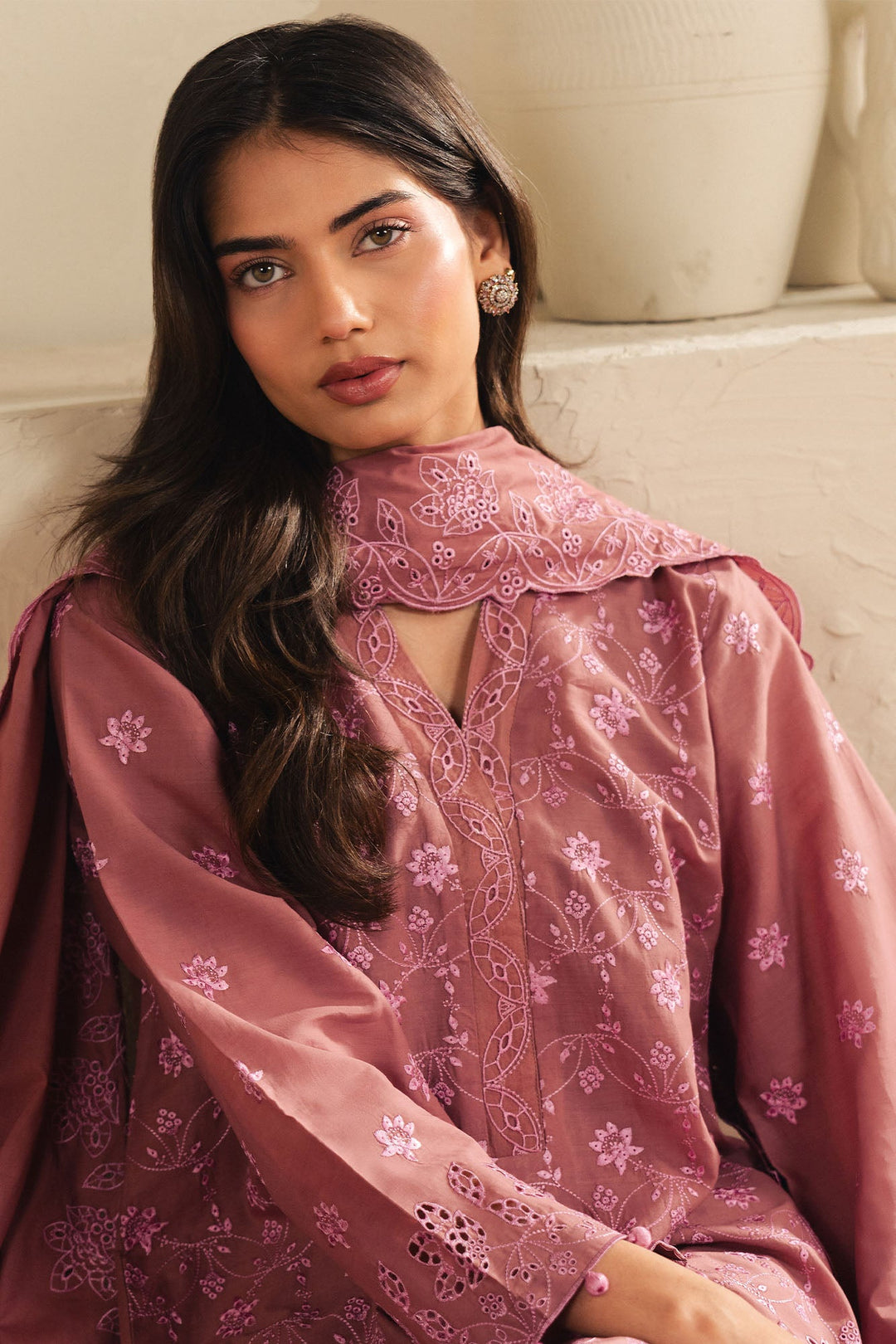 Cross Stitch - Blush Embrace Cambric Suit For Women - Pink - 3 Piece