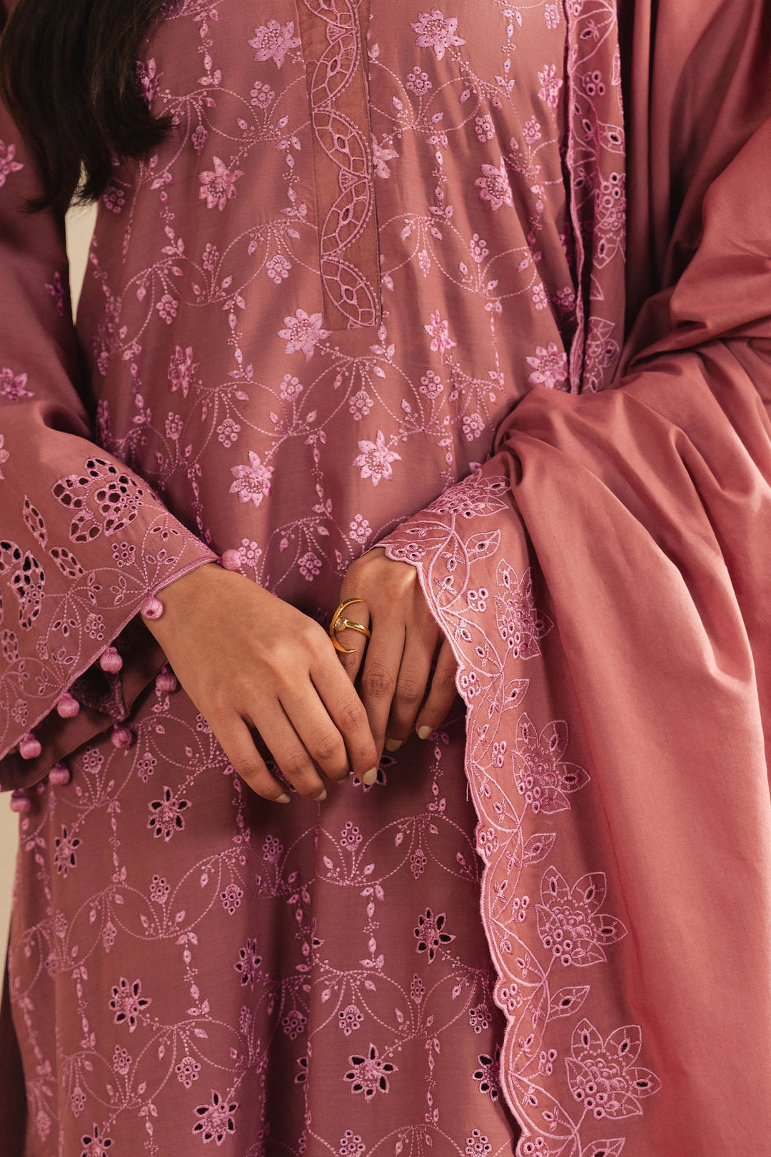 Cross Stitch - Blush Embrace Cambric Suit For Women - Pink - 3 Piece