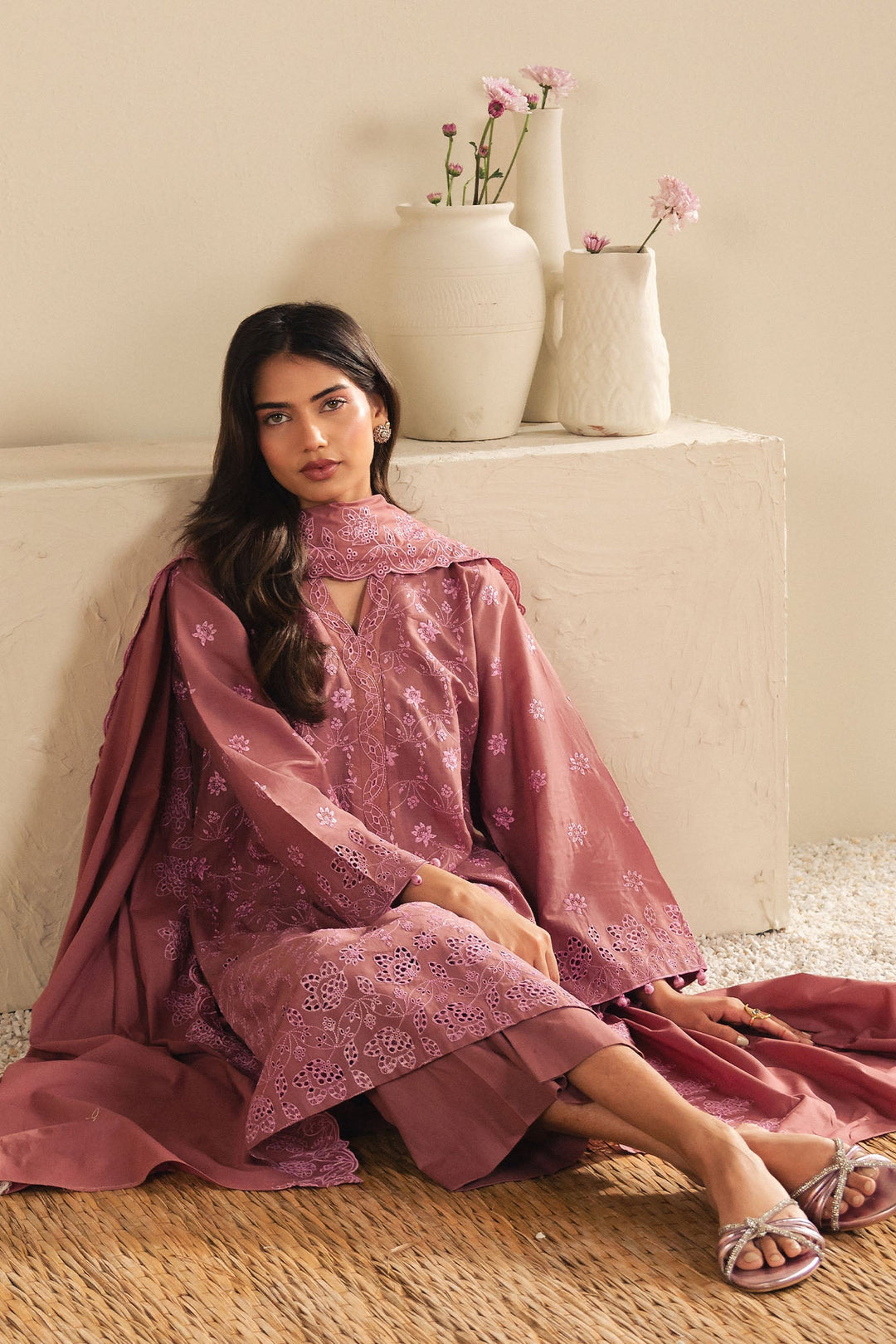Cross Stitch - Blush Embrace Cambric Suit For Women - Pink - 3 Piece