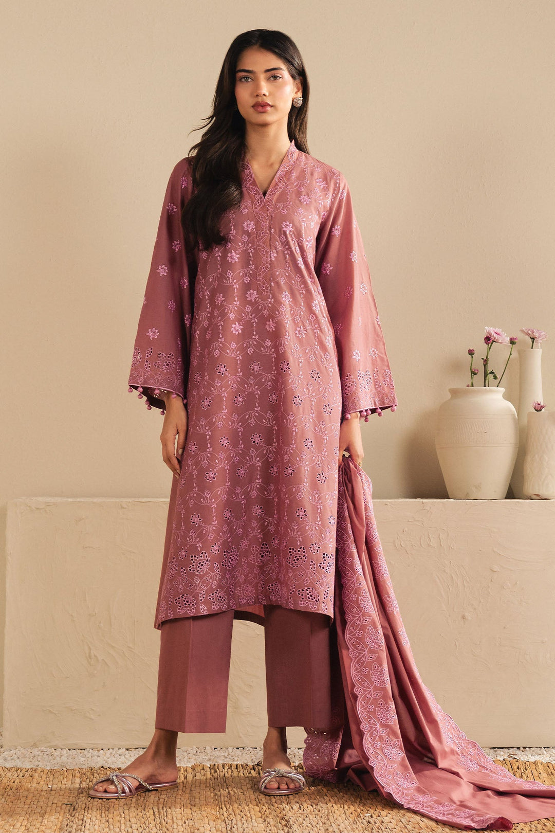 Cross Stitch - Blush Embrace Cambric Suit For Women - Pink - 3 Piece