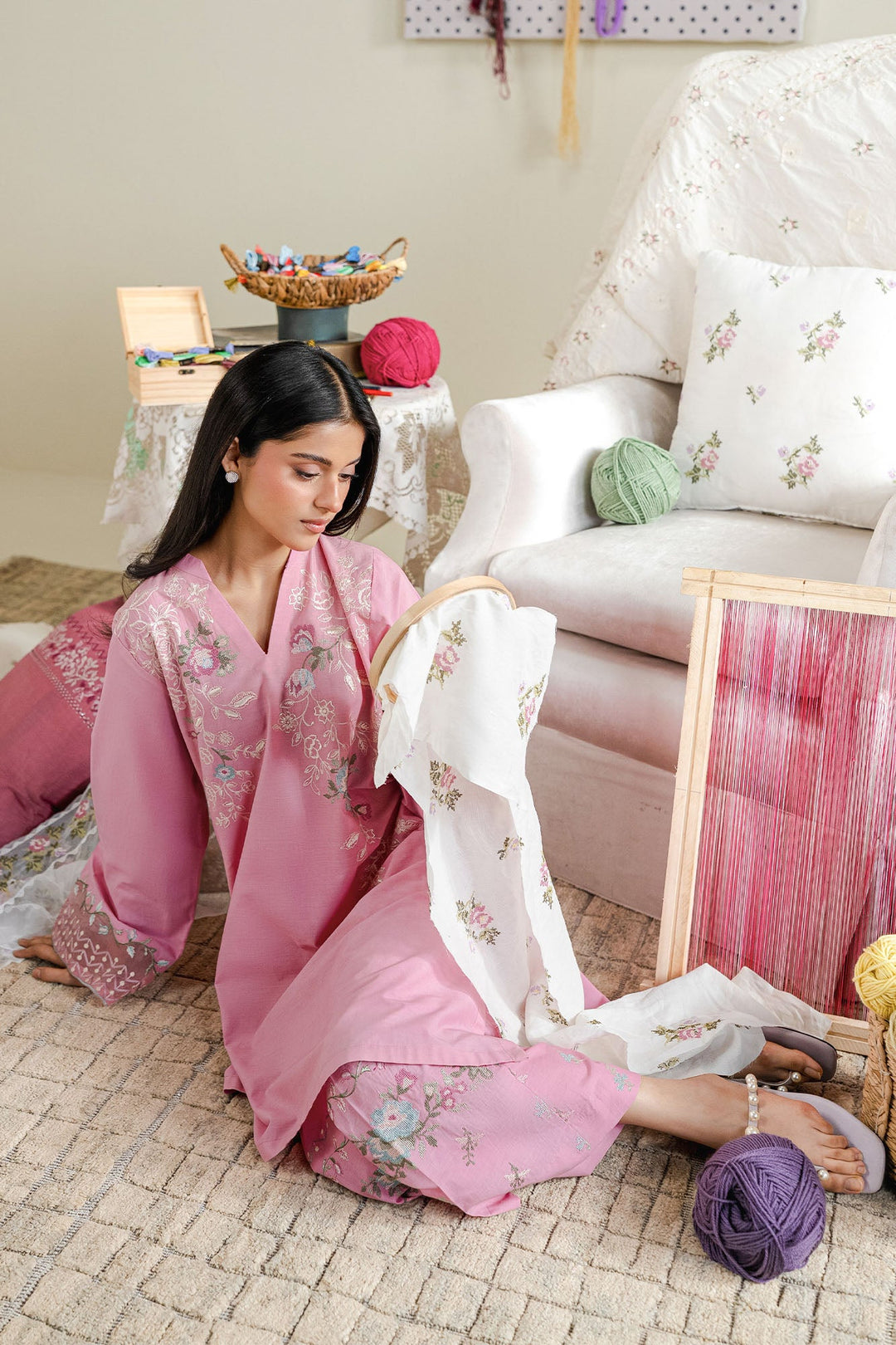 Cross Stitch - Blush Thread Cambric Suit For Women - Pink - 2 Piece