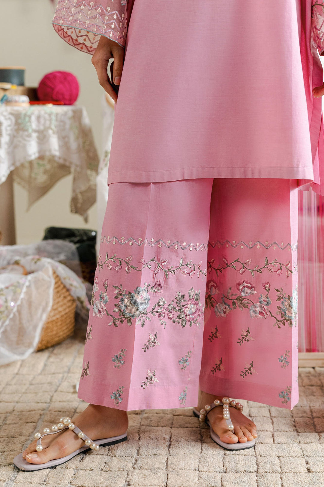 Cross Stitch - Blush Thread Cambric Suit For Women - Pink - 2 Piece