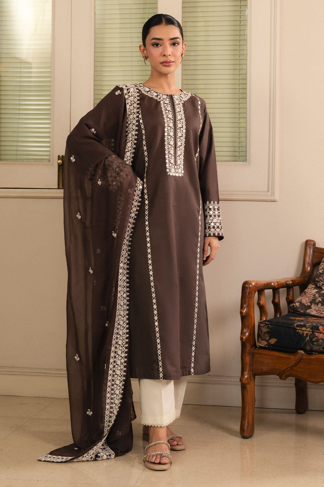 Cross Stitch - Brownie Cambric Suit For Women - Brown - 2 Piece