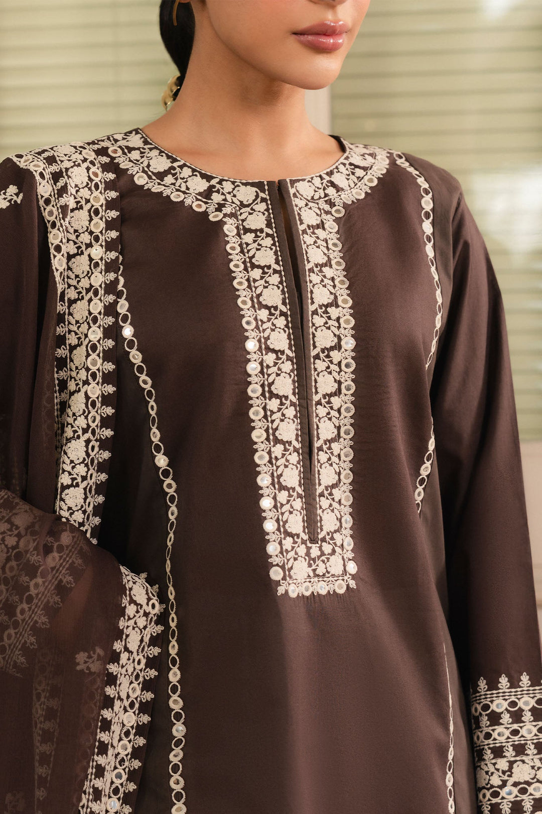Cross Stitch - Brownie Cambric Suit For Women - Brown - 2 Piece