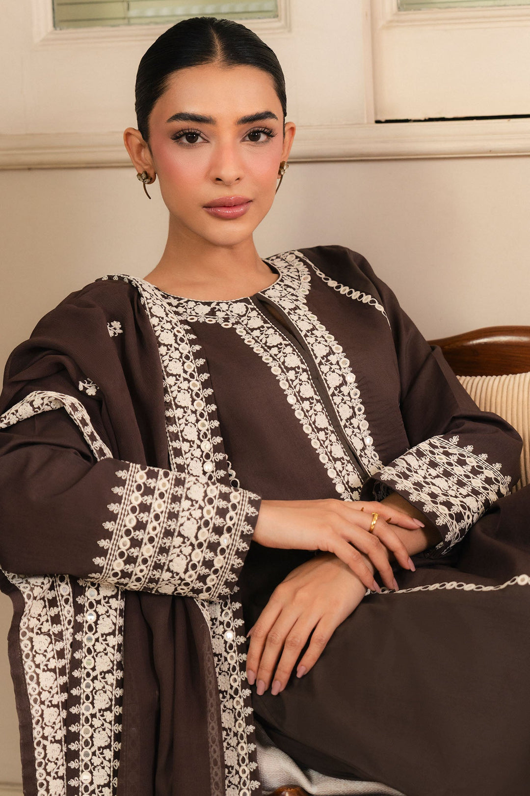 Cross Stitch - Brownie Cambric Suit For Women - Brown - 2 Piece