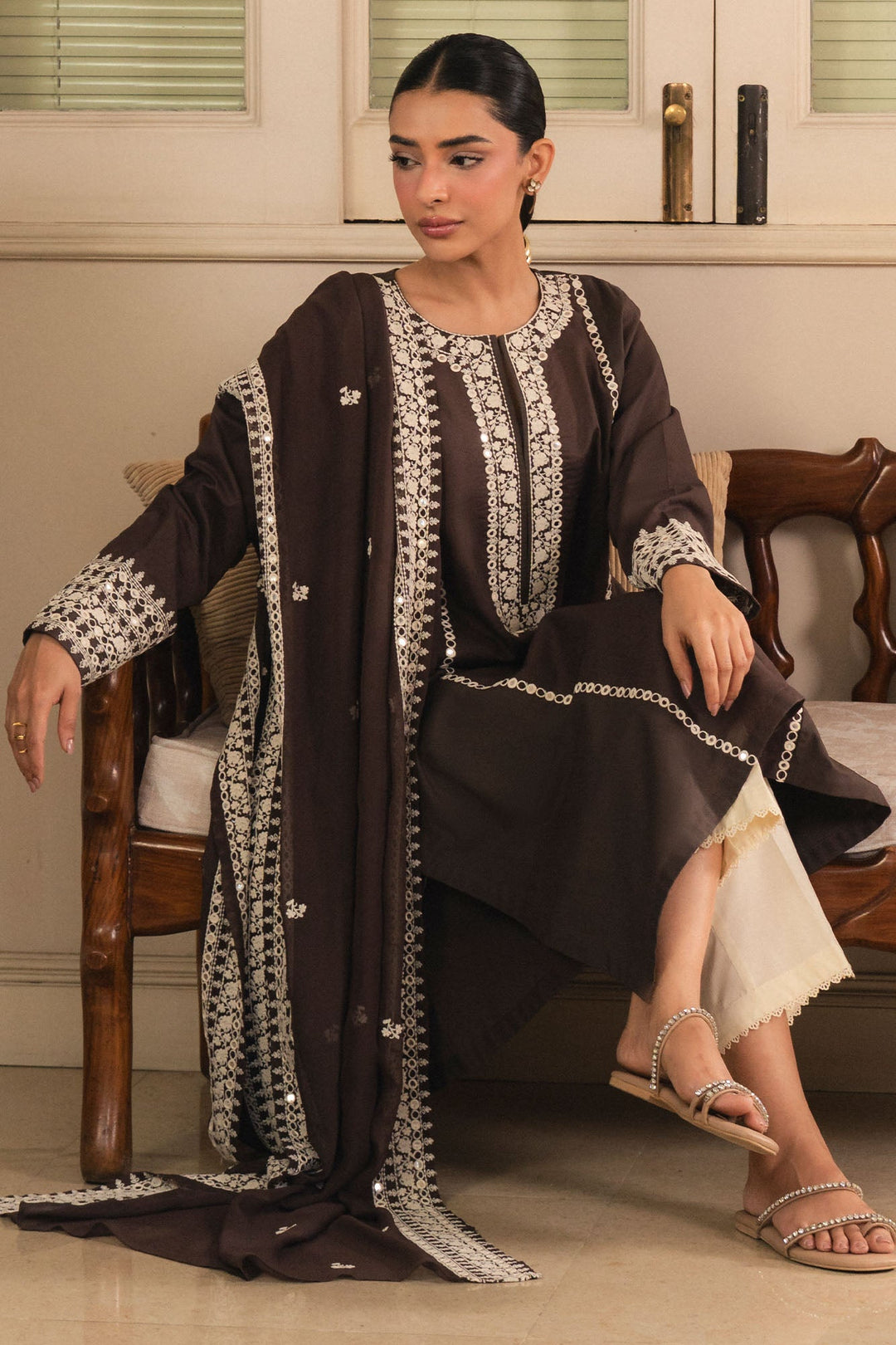 Cross Stitch - Brownie Cambric Suit For Women - Brown - 2 Piece