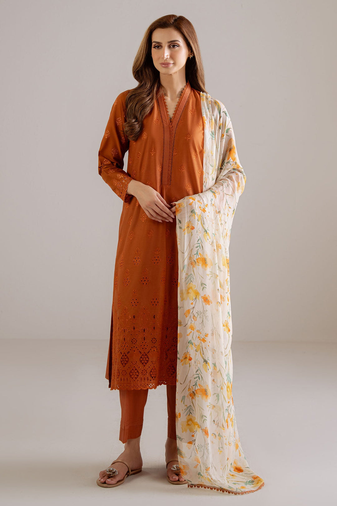 Cross Stitch - Burnt Orange Cambric Suit For Women - Orange - 3 Piece