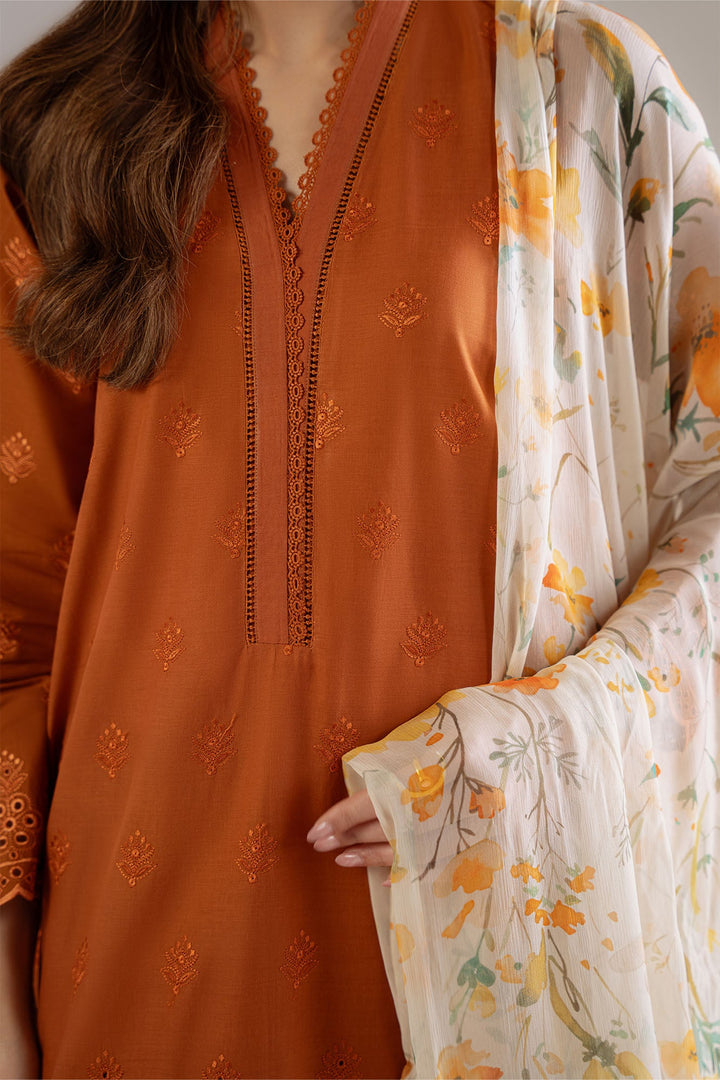 Cross Stitch - Burnt Orange Cambric Suit For Women - Orange - 3 Piece