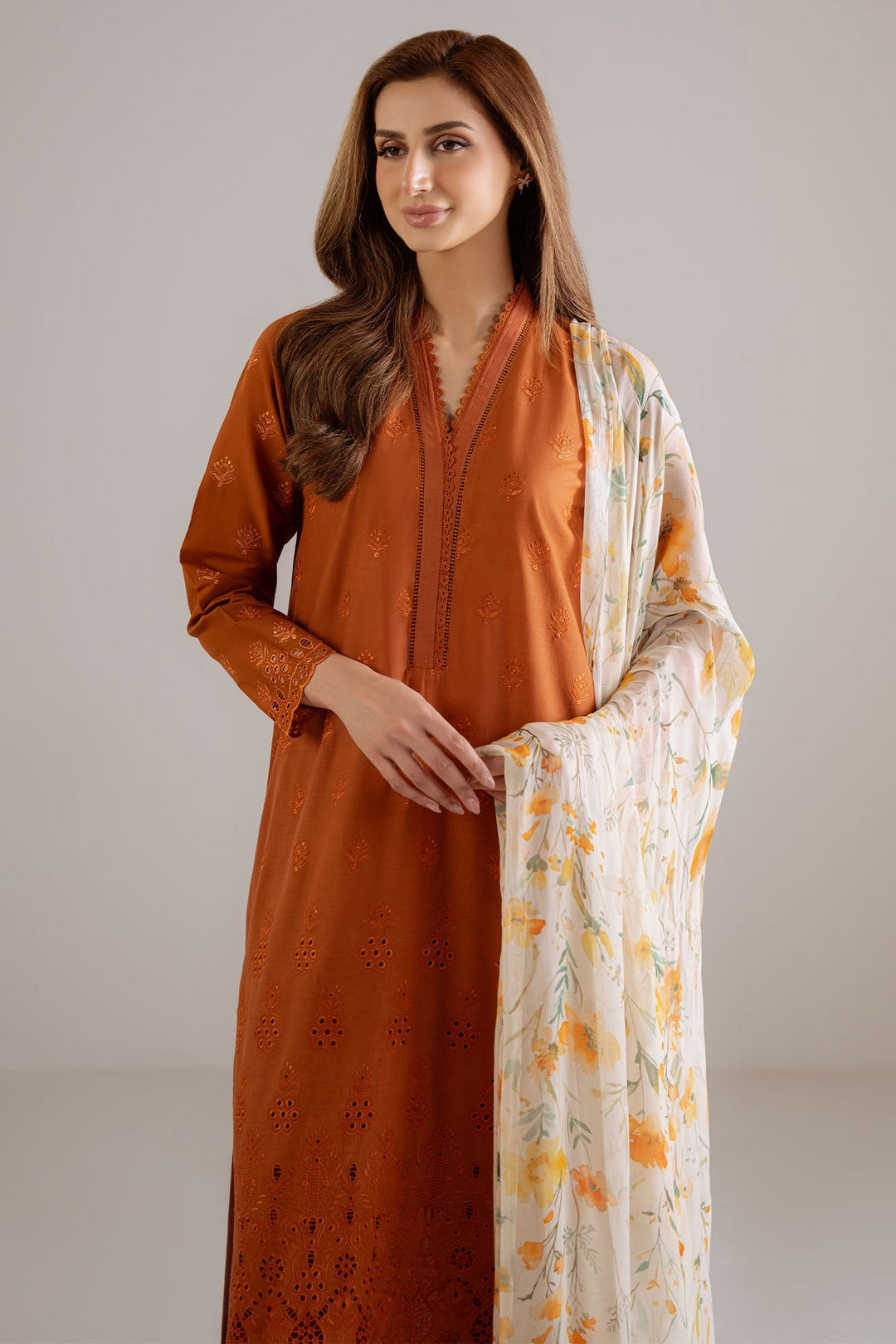 Cross Stitch - Burnt Orange Cambric Suit For Women - Orange - 3 Piece