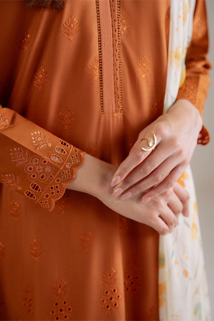 Cross Stitch - Burnt Orange Cambric Suit For Women - Orange - 3 Piece