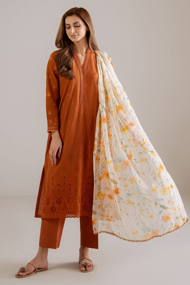 Cross Stitch - Burnt Orange Cambric Suit For Women - Orange - 3 Piece