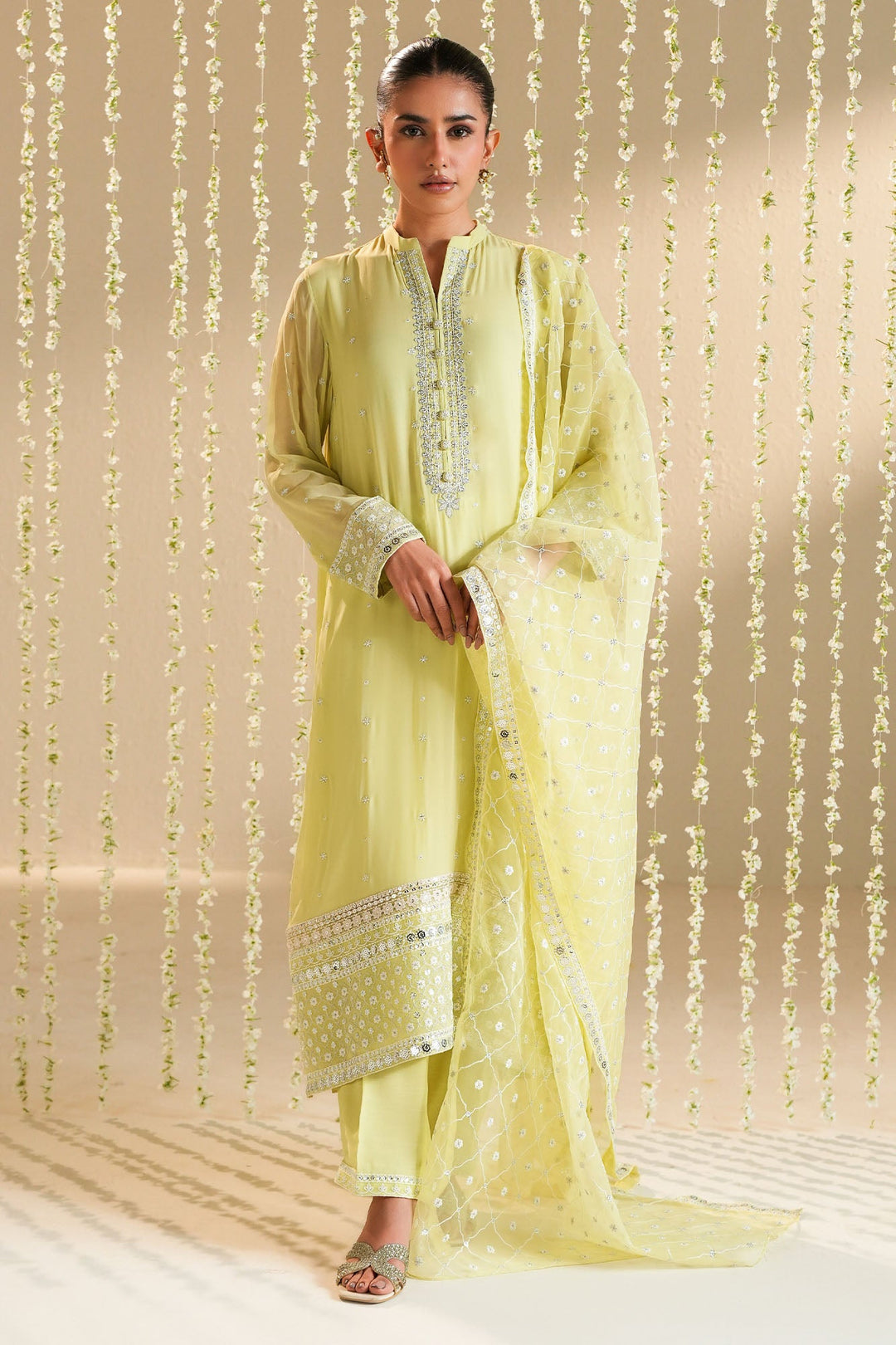 Cross Stitch - Chiffon Citrus Bloom Suit For Women - Green - 3 Piece