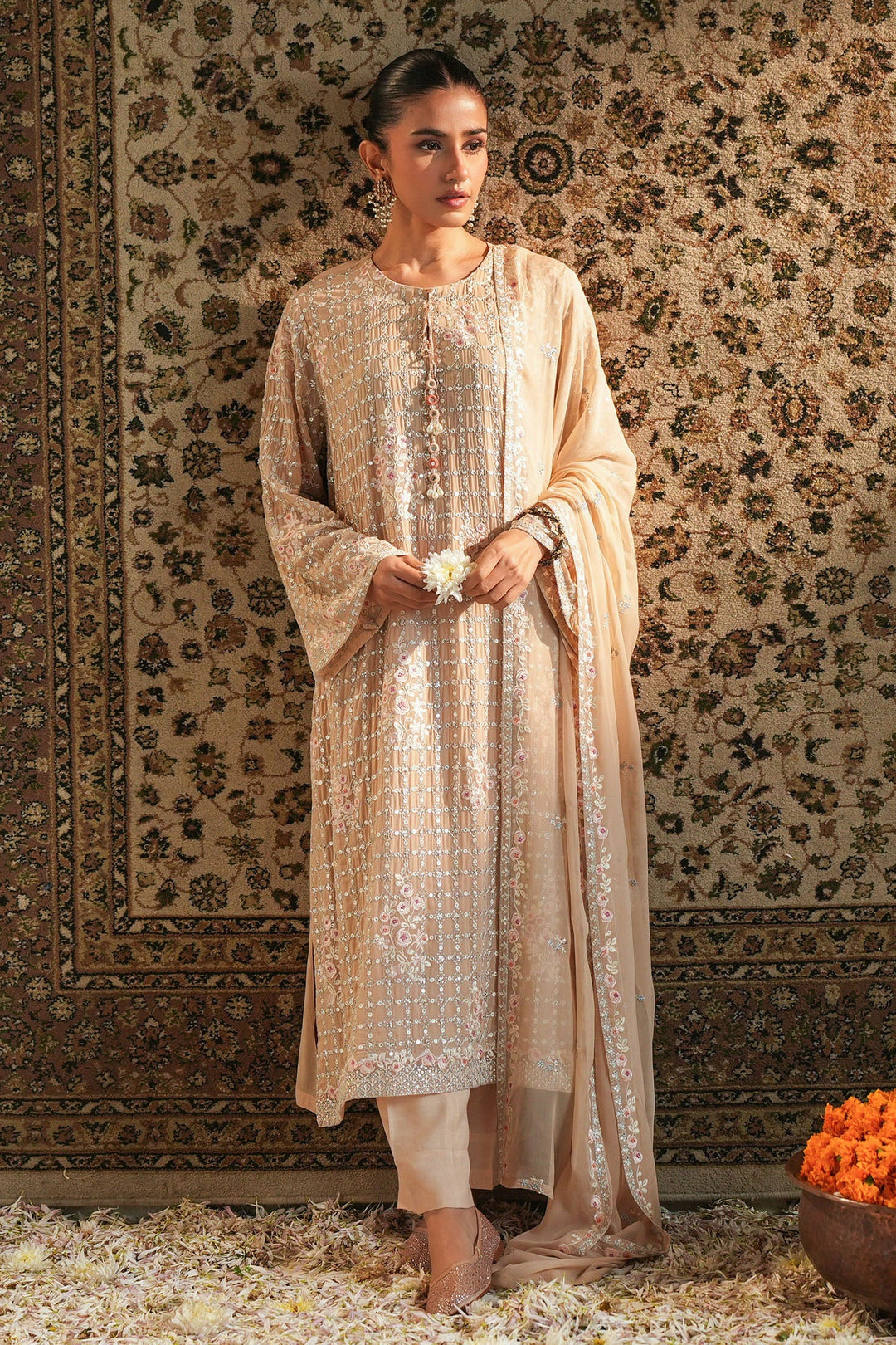 Cross Stitch - Chiffon Rose Quartz  Suit For Women - Peach - 2 Piece