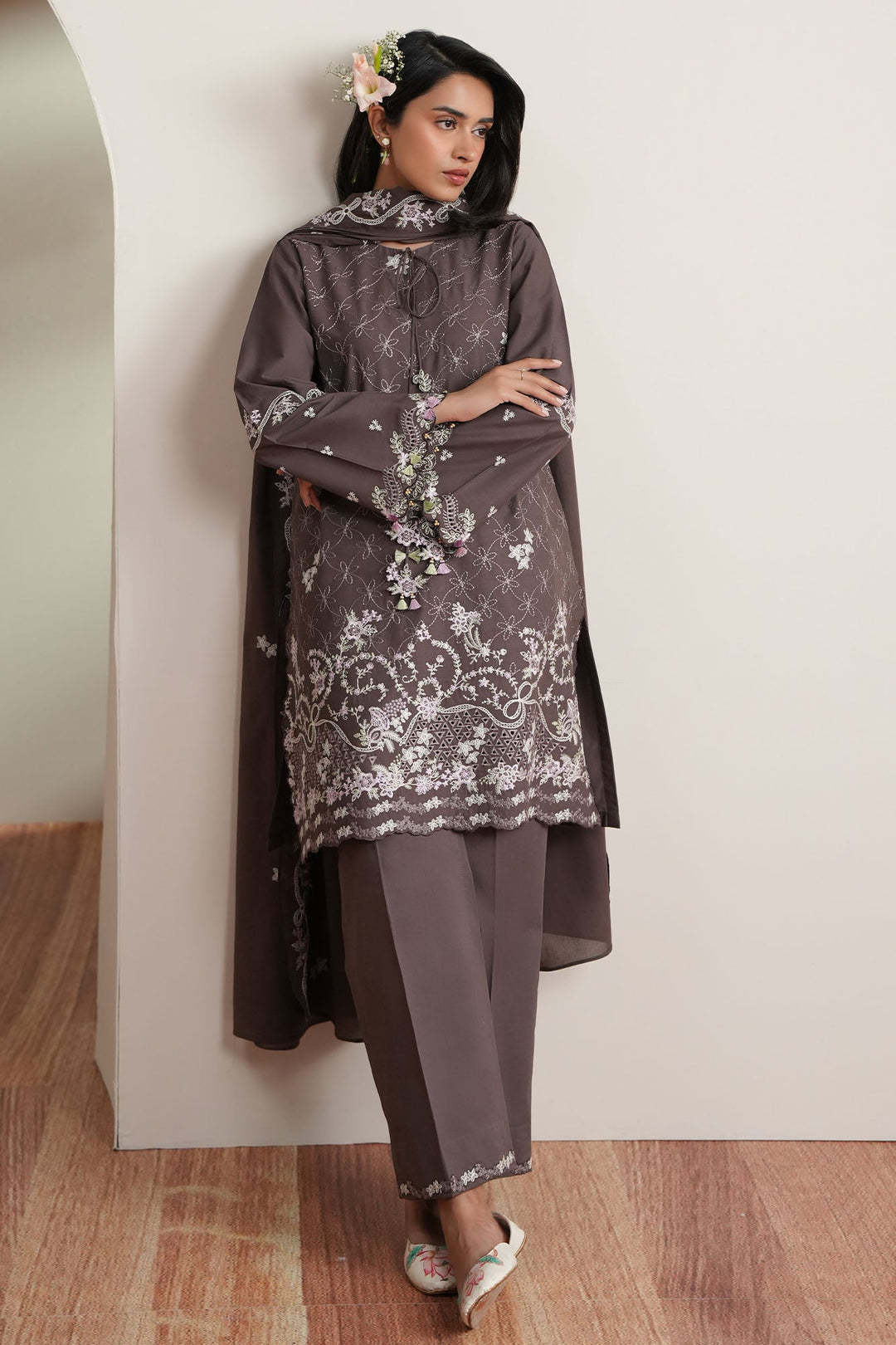 Cross Stitch - Cocoa Whisper Embroidered Lawn Unstitch Suit For Women - 3 Piece
