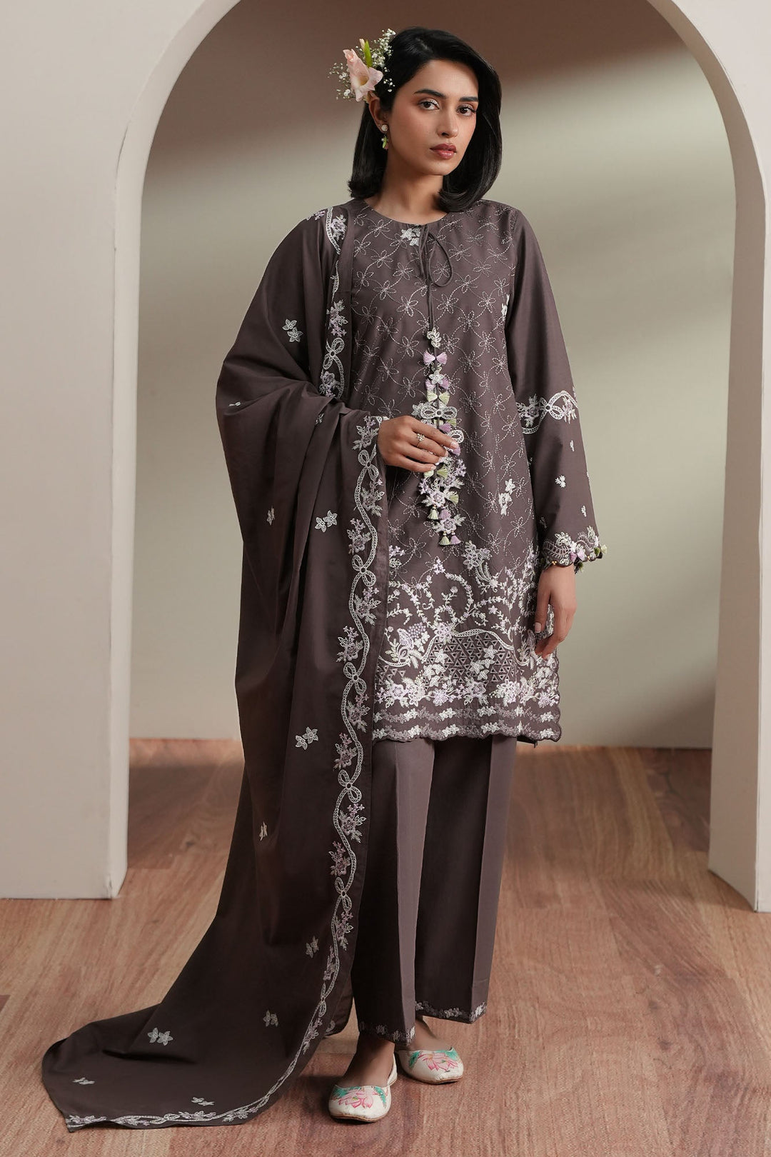 Cross Stitch - Cocoa Whisper Embroidered Lawn Unstitch Suit For Women - 3 Piece
