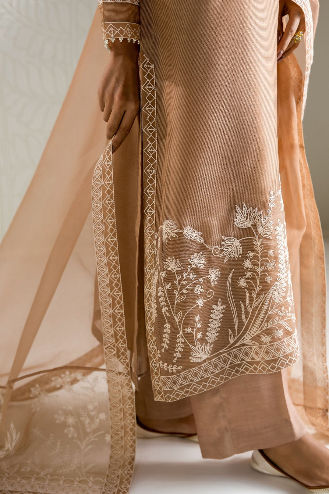 Cross Stitch - Cotton Ivory Dune Suit For Women - Brown - 2 Piece