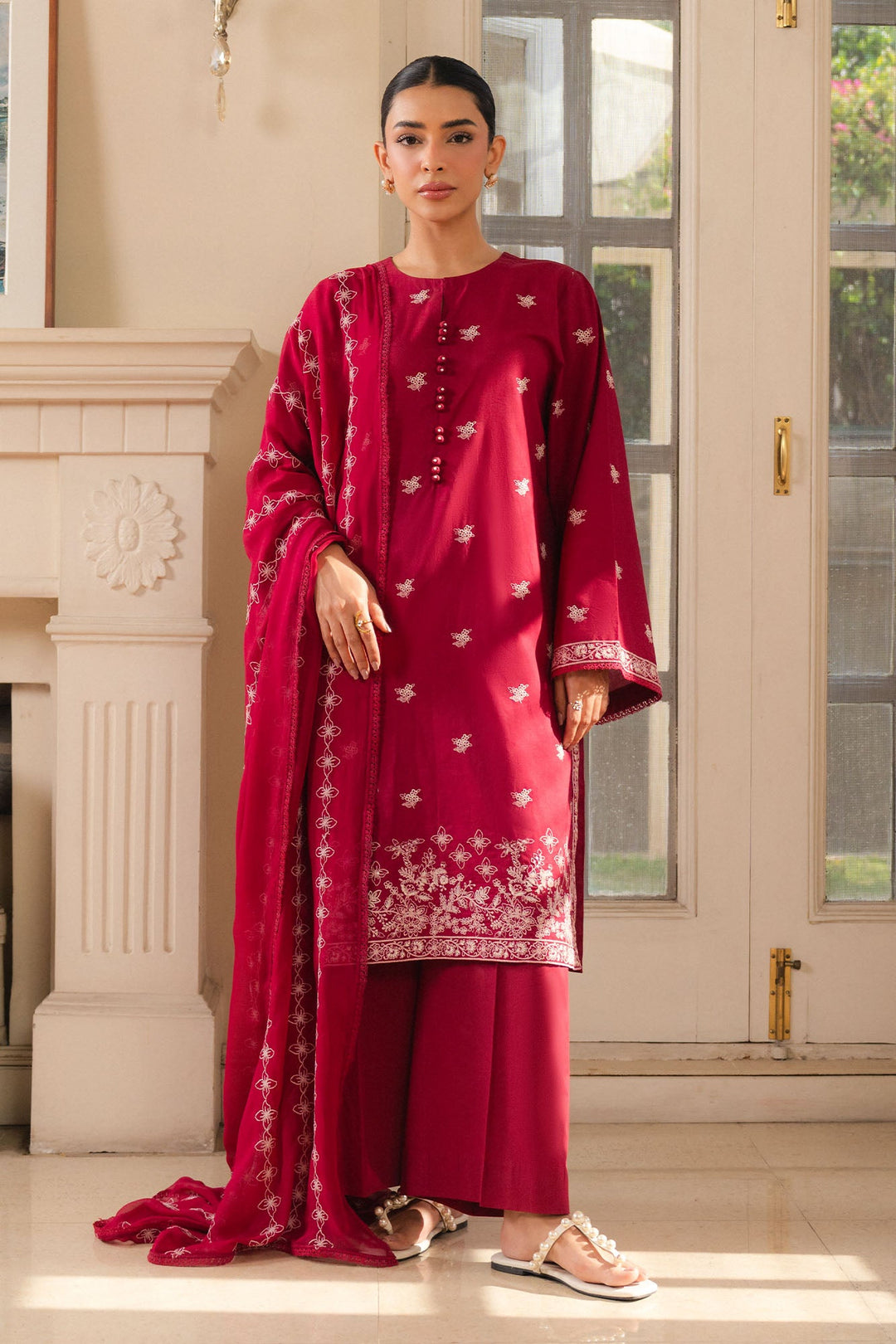 Cross Stitch - Crimson Boudoir Cambric Suit For Women - Pink - 2 Piece