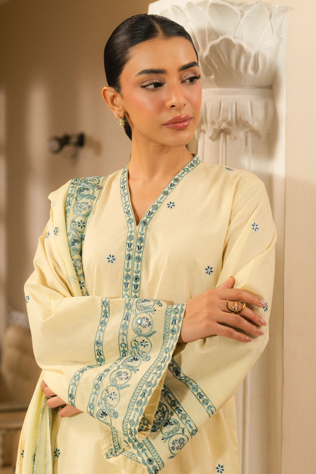 Cross Stitch - Dahlia Cambric Suit For Women - Yellow - 2 Piece