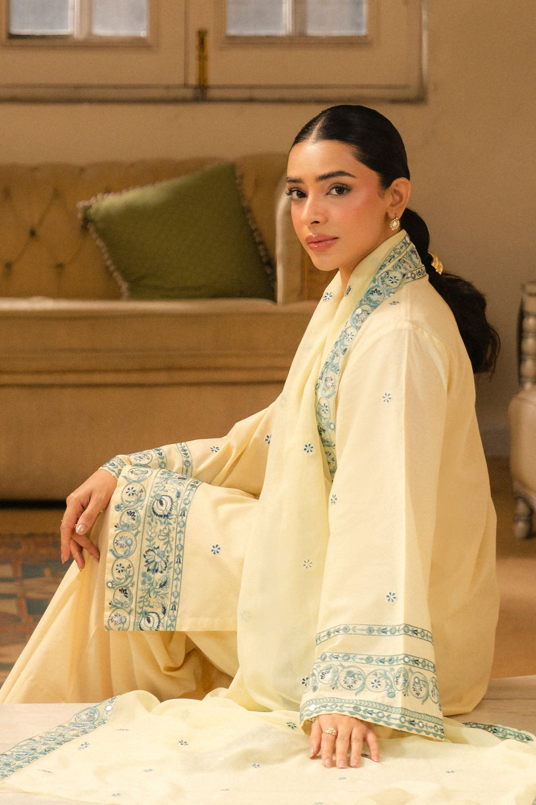 Cross Stitch - Dahlia Cambric Suit For Women - Yellow - 2 Piece