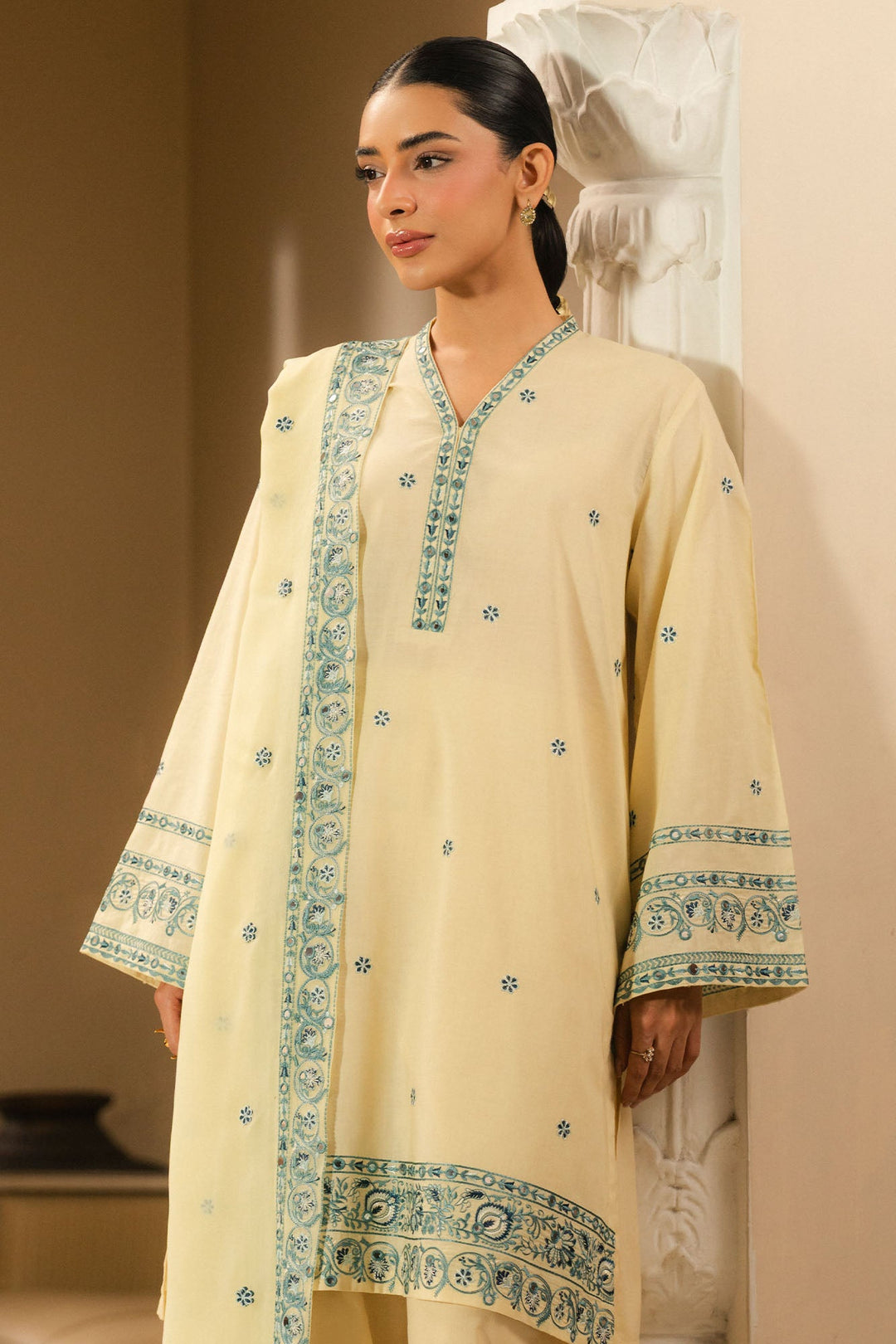 Cross Stitch - Dahlia Cambric Suit For Women - Yellow - 2 Piece