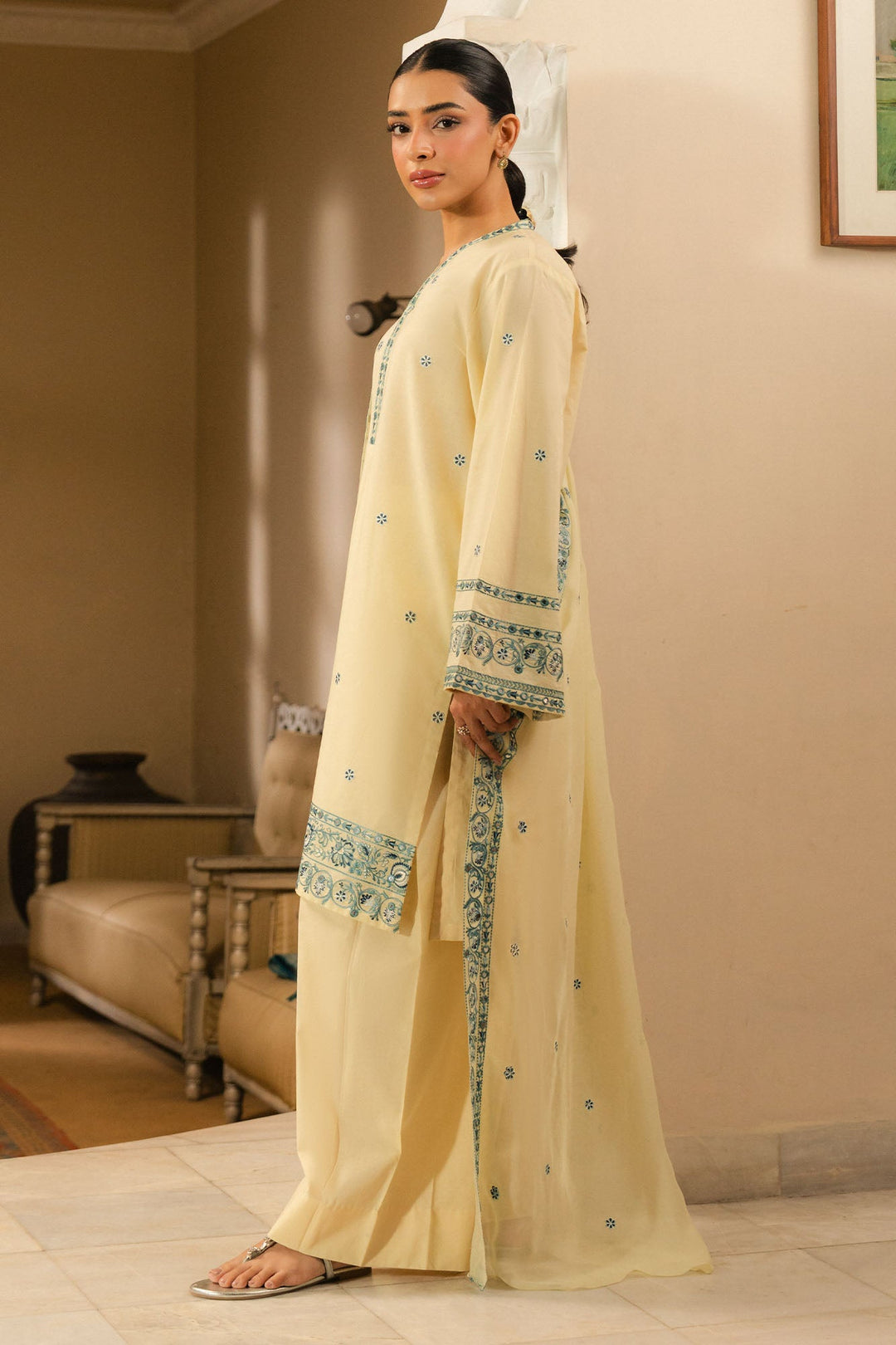 Cross Stitch - Dahlia Cambric Suit For Women - Yellow - 2 Piece
