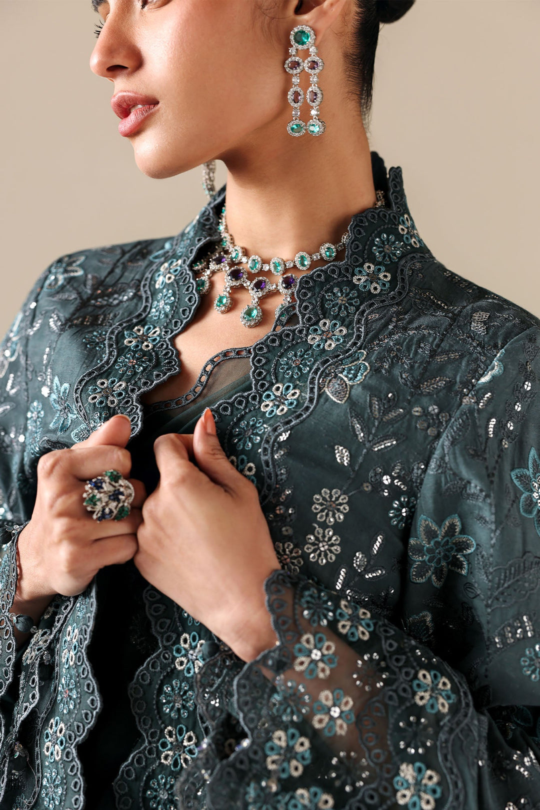 Cross Stitch - Dark Sea Silk Suit For Women - 3 Piece