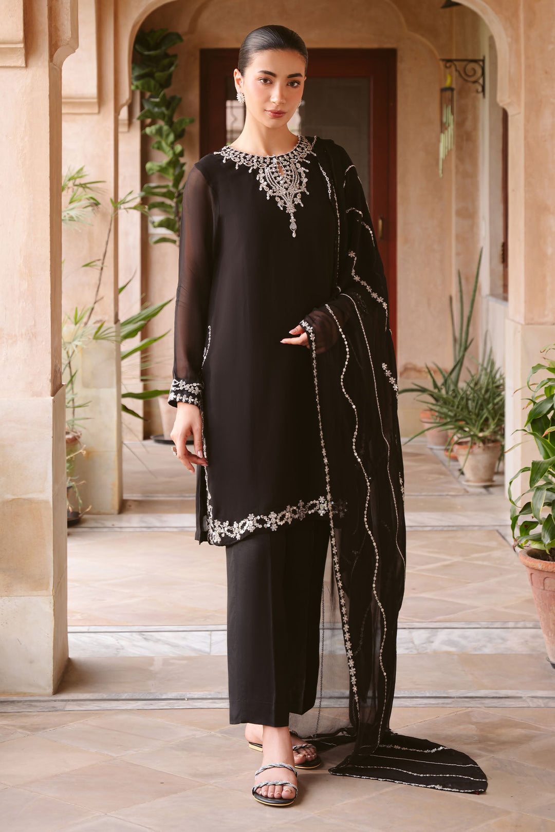 Cross Stitch - Diamond Dust Chiffon Suit For Women - Black - 3 Piece