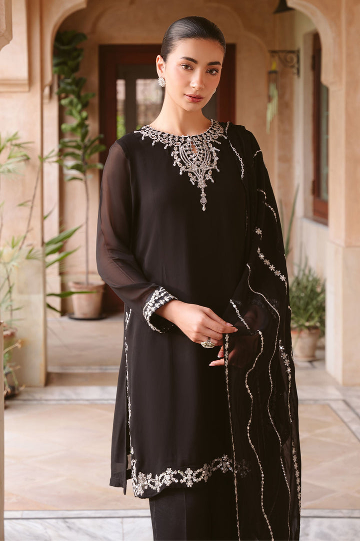 Cross Stitch - Diamond Dust Chiffon Suit For Women - Black - 3 Piece