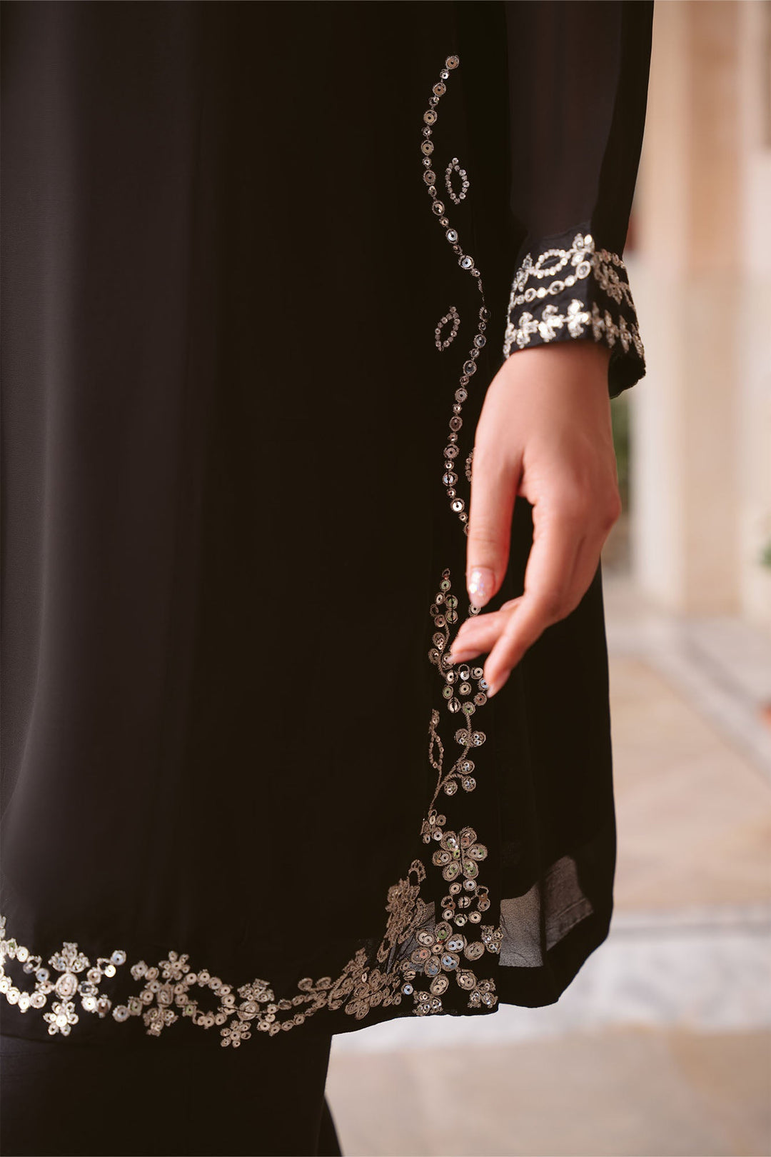 Cross Stitch - Diamond Dust Chiffon Suit For Women - Black - 3 Piece
