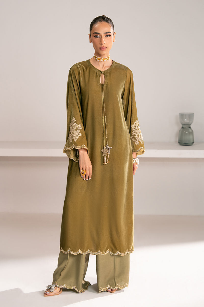 Cross Stitch - Dusken Muse Velvet Suit For Women - Green - 2 Piece