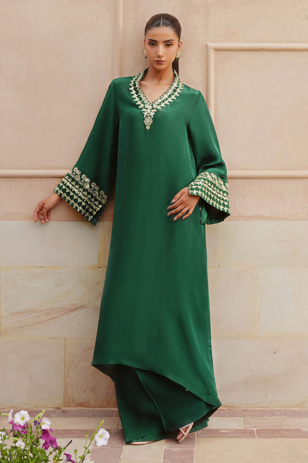 Cross Stitch - Emerald Enchantment Silk Suit For Women - Green - 2 Piece