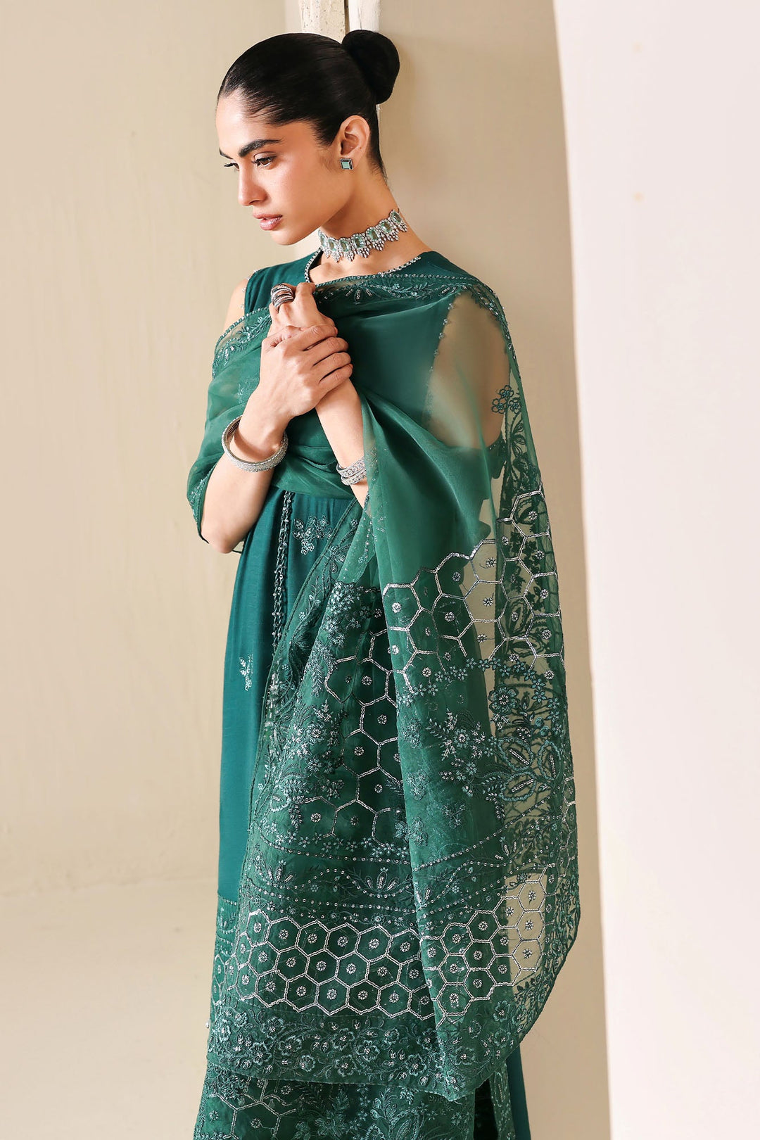 Cross Stitch - Emerald Moss Silk Suit For Women - 3 Piece
