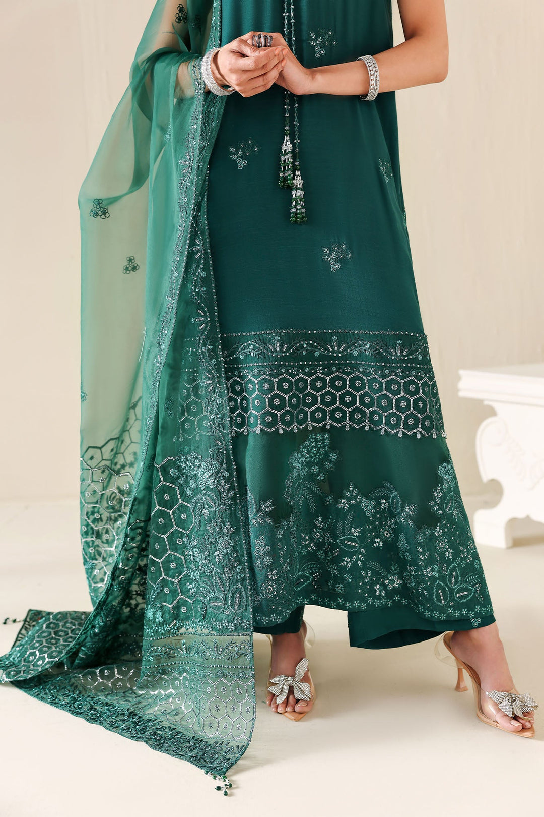 Cross Stitch - Emerald Moss Silk Suit For Women - 3 Piece