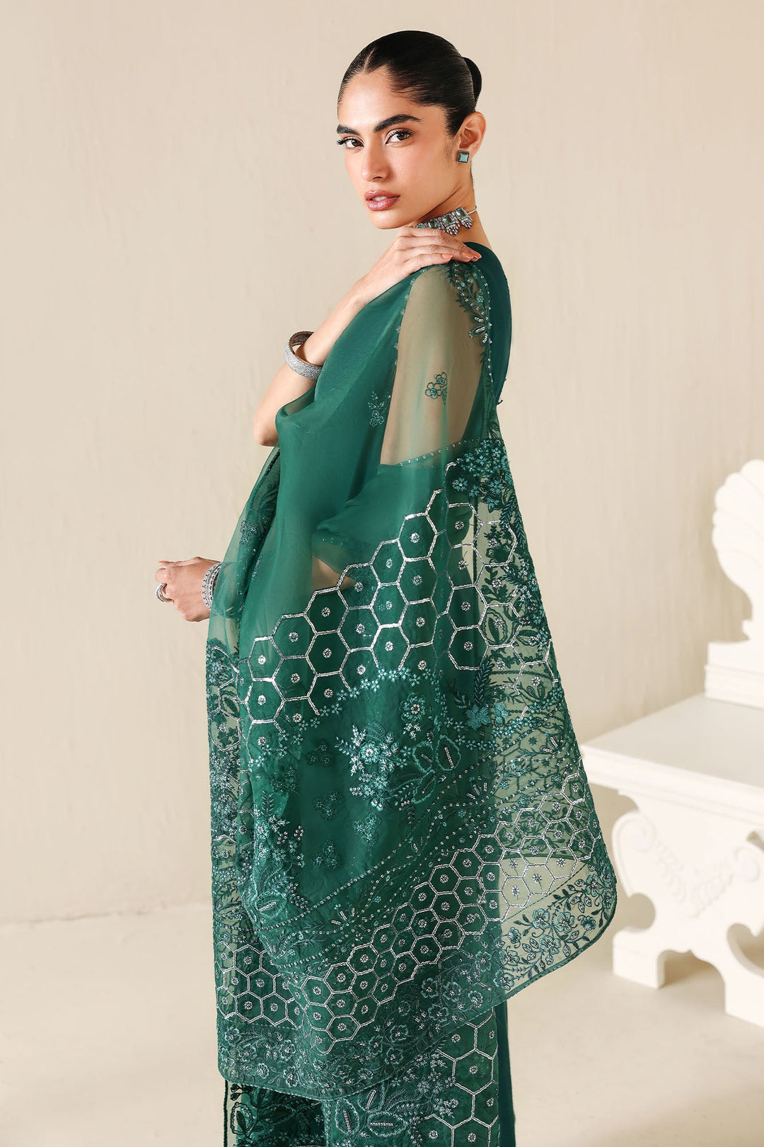 Cross Stitch - Emerald Moss Silk Suit For Women - 3 Piece