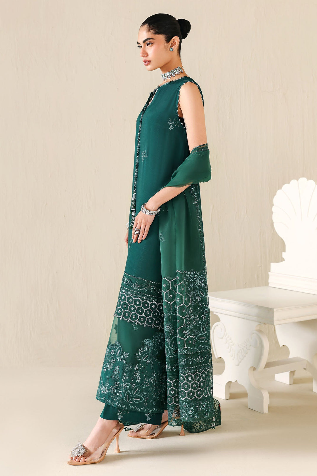 Cross Stitch - Emerald Moss Silk Suit For Women - 3 Piece