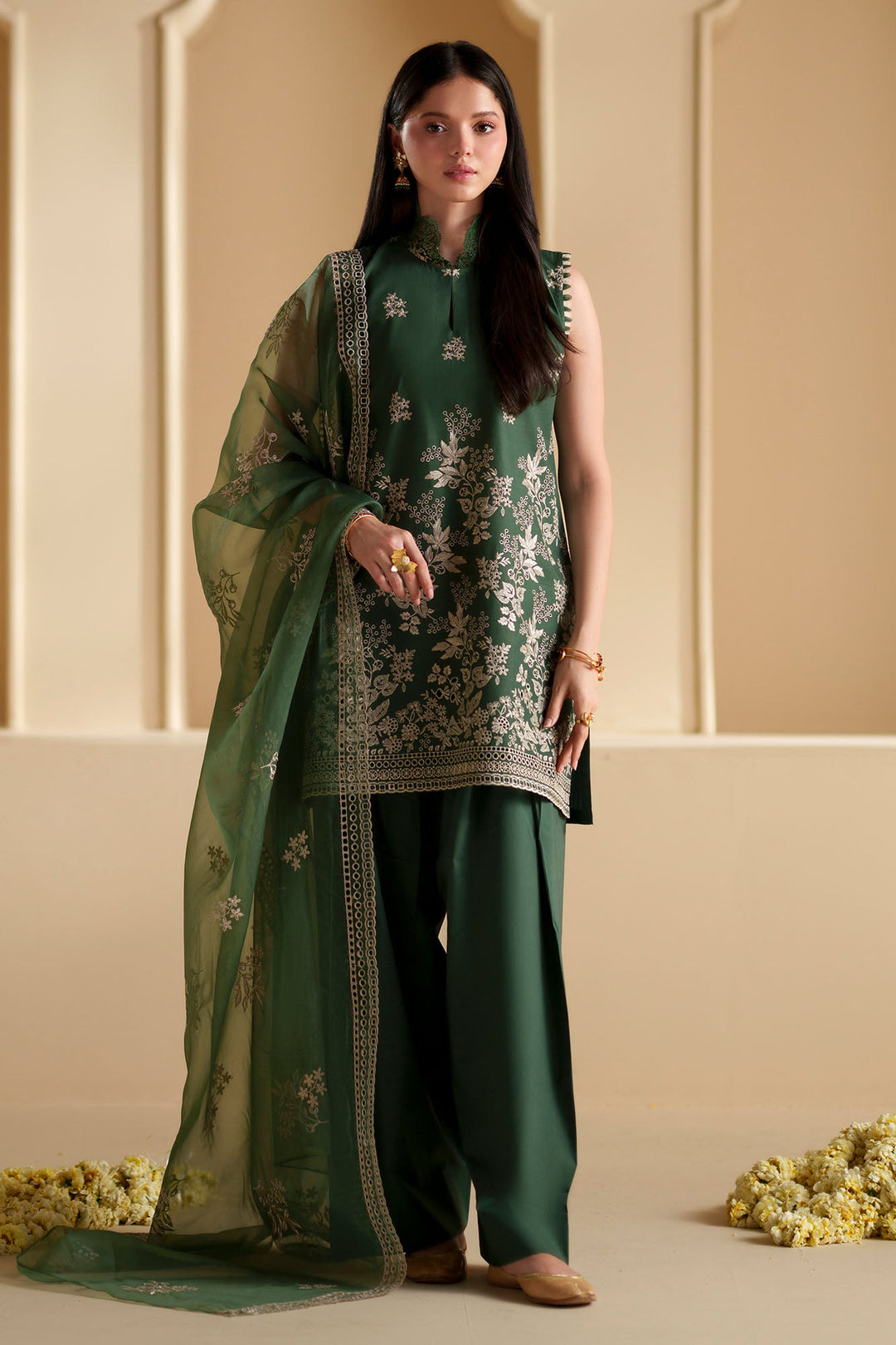 Cross Stitch - Forest Green Chikankari Lawn Suit For Women - 3 Piece