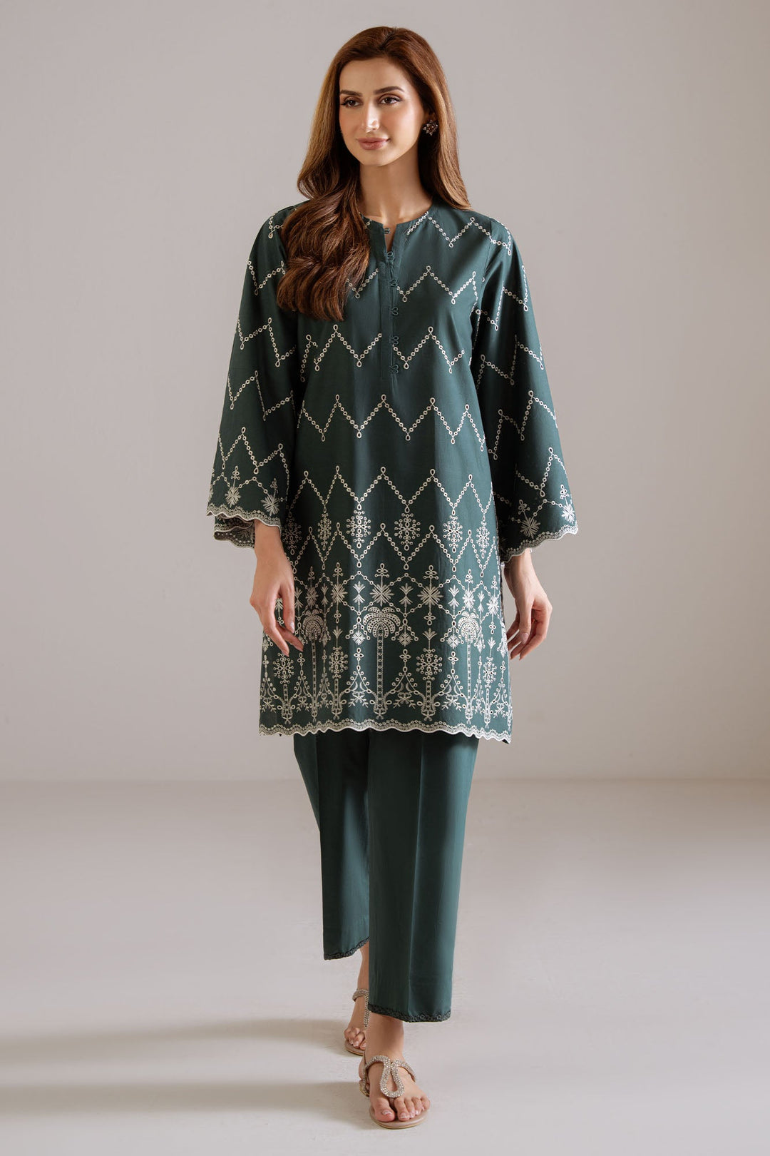 Cross Stitch - Forest Zest Cambric Suit For Women - Green - 2 Piece