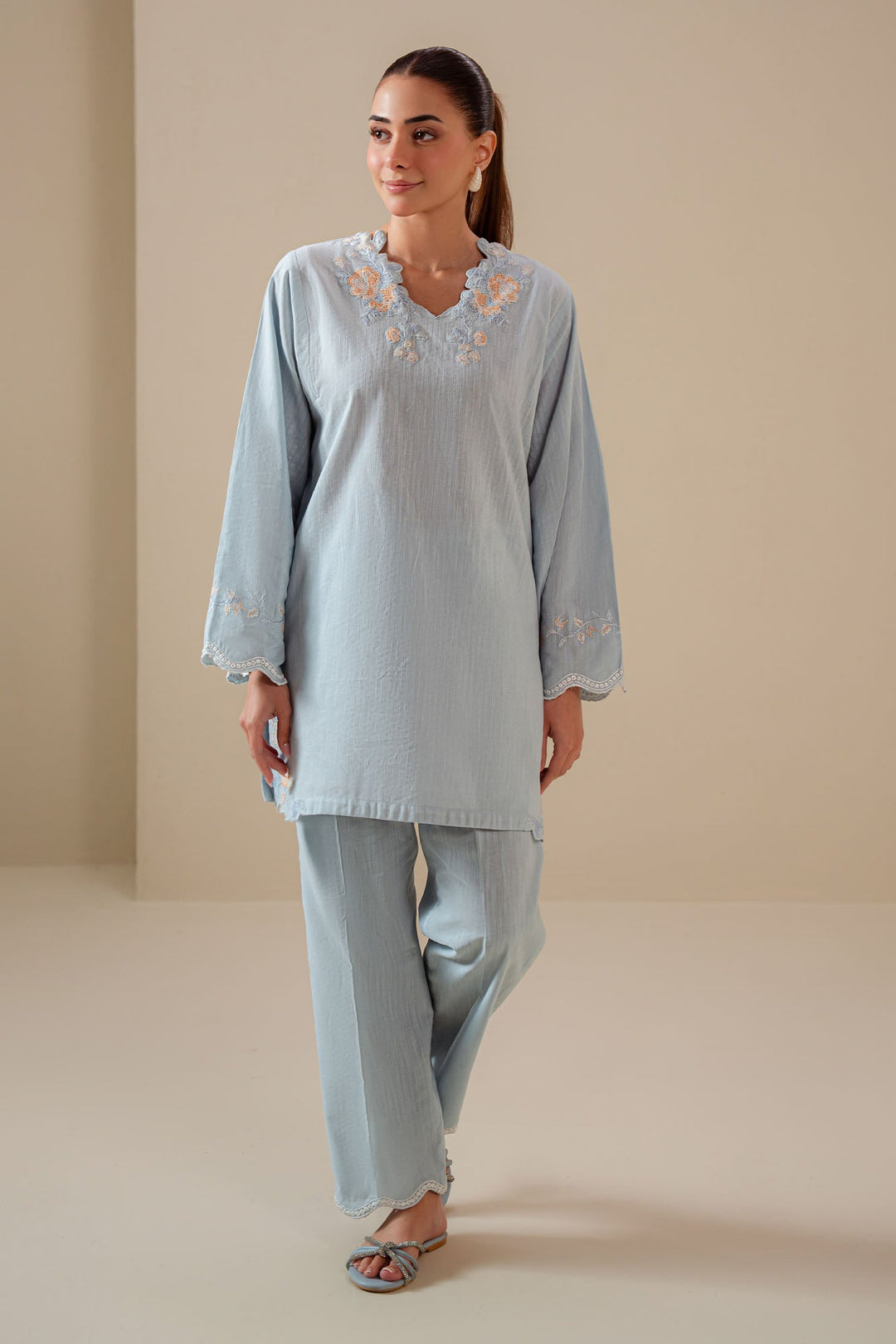 Cross Stitch - Frost Blue Cotton Suit For Women - Blue - 2 Piece