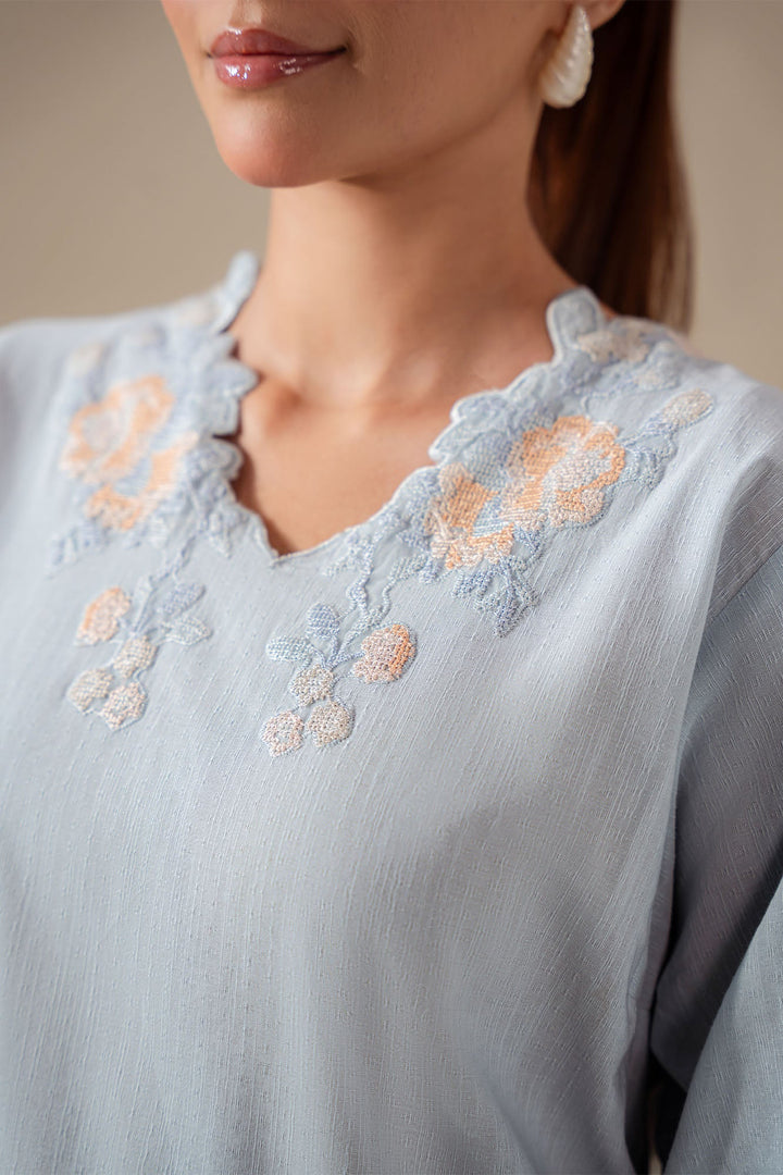 Cross Stitch - Frost Blue Cotton Suit For Women - Blue - 2 Piece