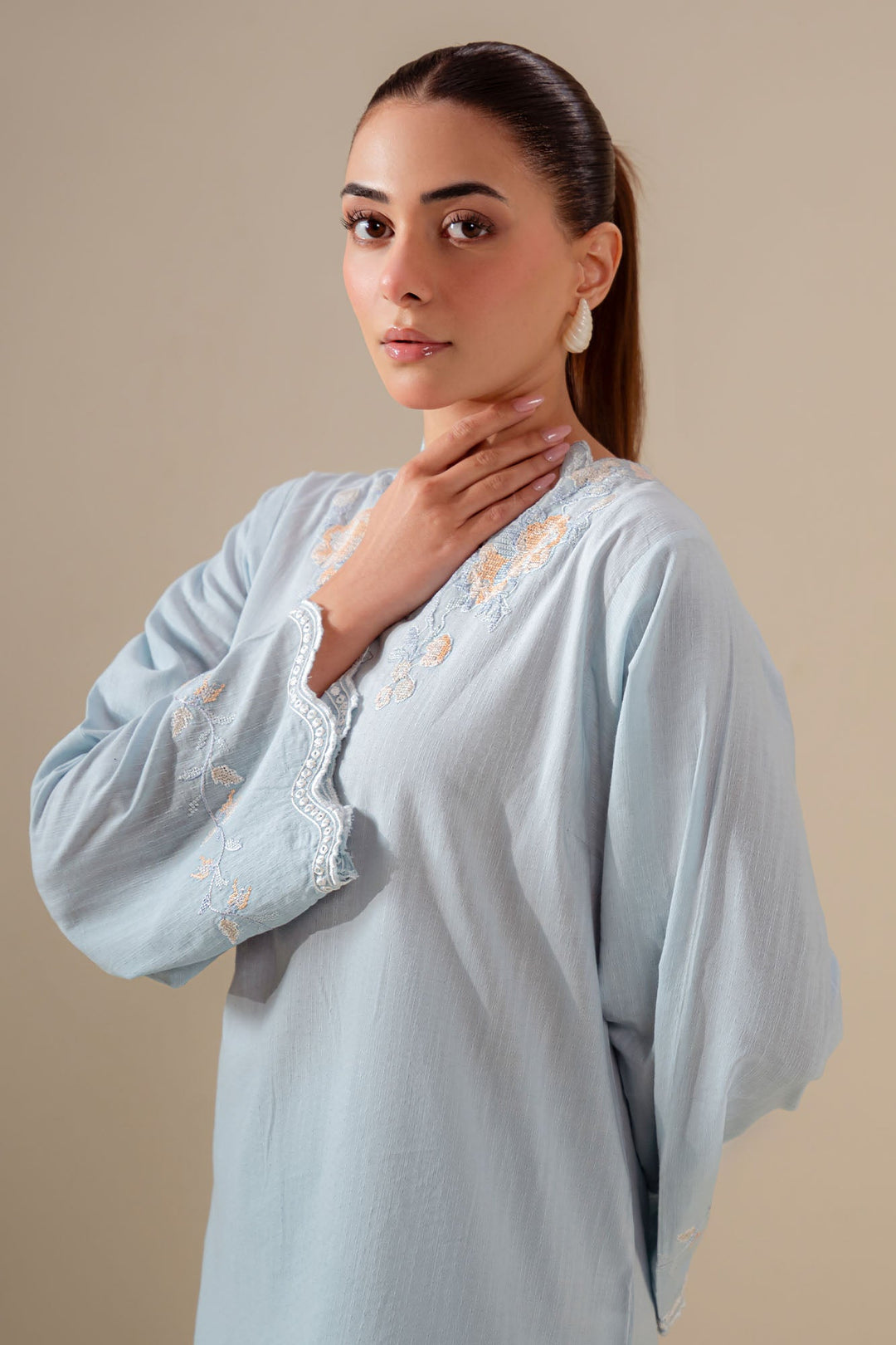 Cross Stitch - Frost Blue Cotton Suit For Women - Blue - 2 Piece