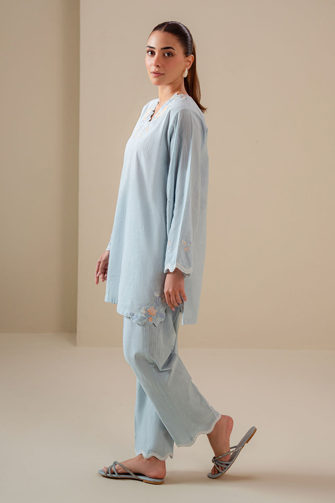 Cross Stitch - Frost Blue Cotton Suit For Women - Blue - 2 Piece