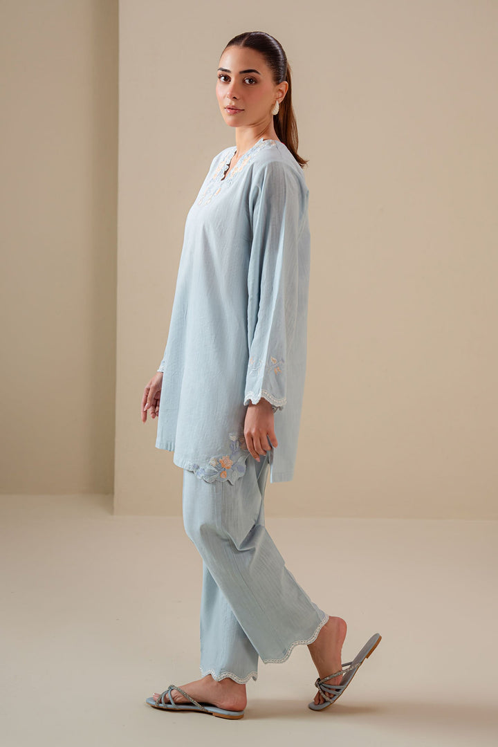 Cross Stitch - Frost Blue Cotton Suit For Women - Blue - 2 Piece