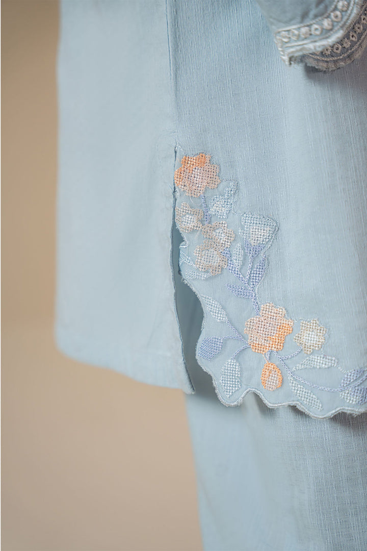 Cross Stitch - Frost Blue Cotton Suit For Women - Blue - 2 Piece